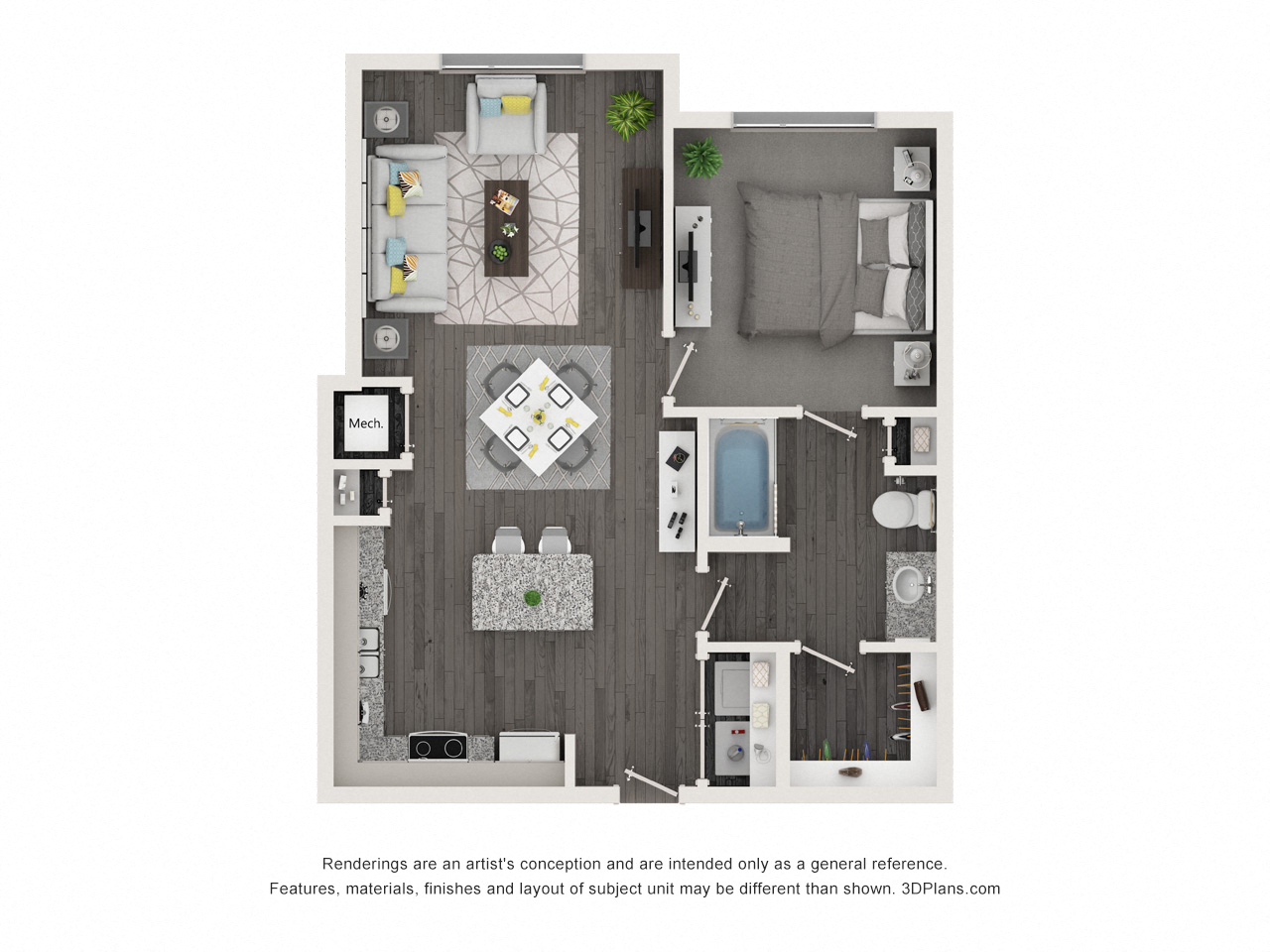 Floor plan for 1 bed, 1 bath, 750 sqft